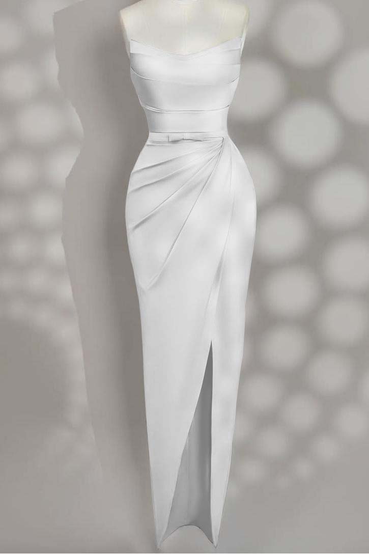 Strapless Sleeveless Long Split Prom Dress With Pleated Bowknot