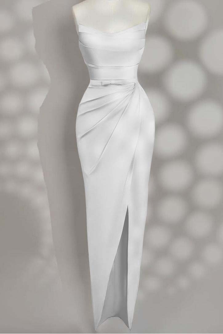 Strapless Sleeveless Long Split Prom Dress With Pleated Bowknot