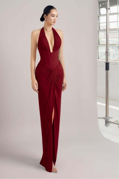 Sleeveless Halter Long Mermaid Split Prom Dress With Pleated