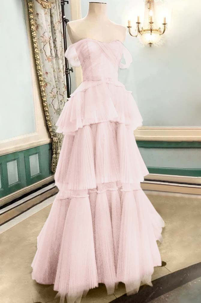 Strapless Off the Shoulder Sleeveless Long Prom Dress With Tulle