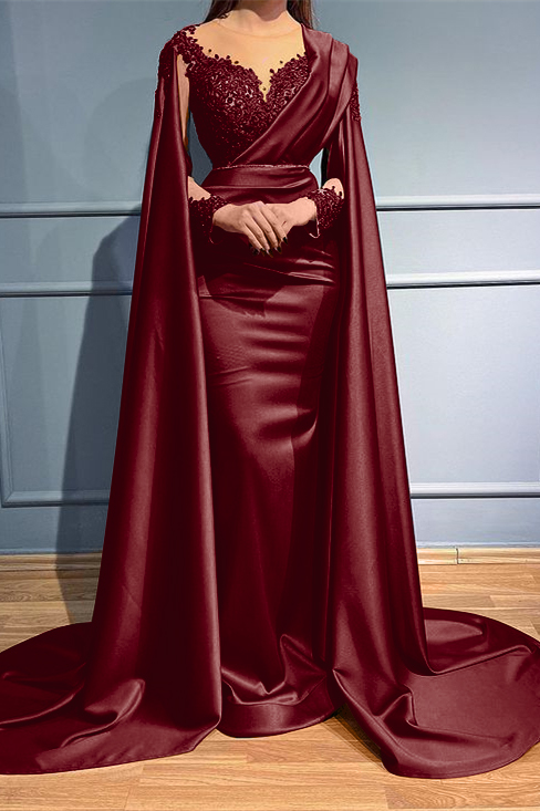 Rust Long Sleeves Beads Appliques Mermaid Long Evening Dress With Ruffles