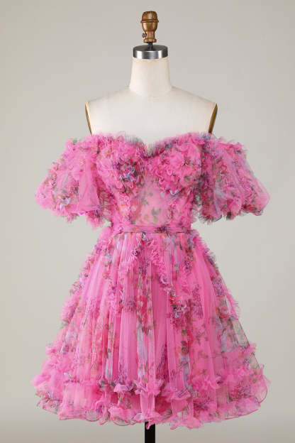 Purple Floral Off the Shoulder A-Line Short Homecoming Dress
