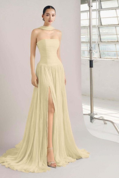 Strapless Sleeveless Long Split Prom Dress With Pleated Ruffles