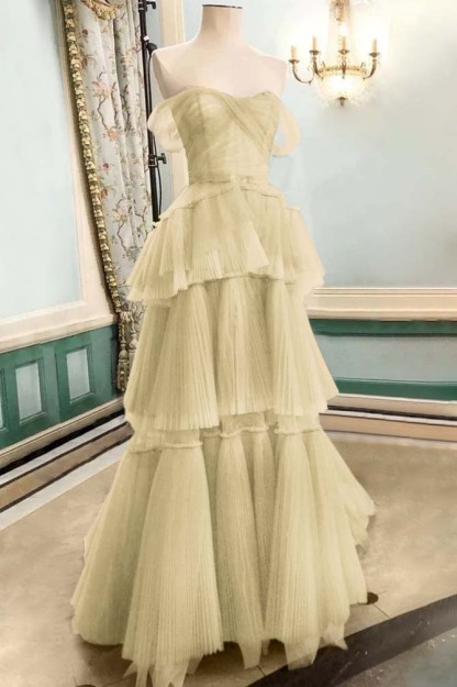 Strapless Off the Shoulder Sleeveless Long Prom Dress With Tulle