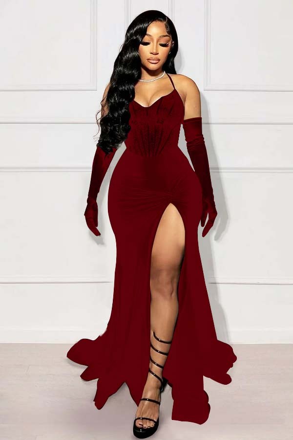 Halter Sleeveless Long Mermaid Prom Dress With Split Gloves