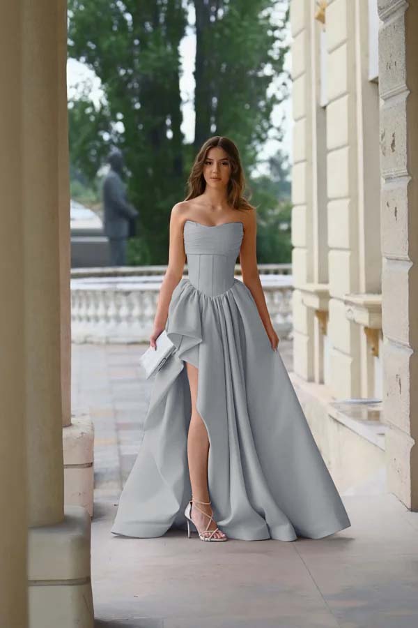 Strapless Sleeveless Side Split Long Prom Dress With Pleated