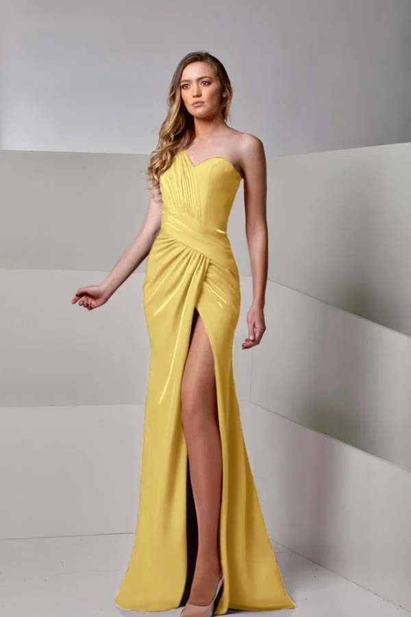One Shoulder Sleeveless Long Mermaid Split Prom Dress With Pleated