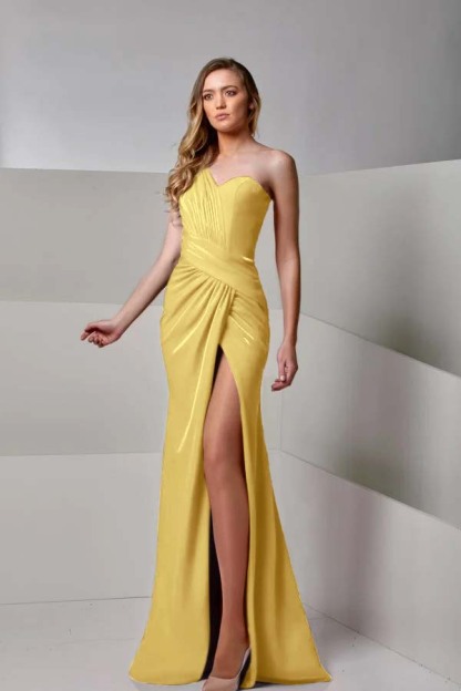 One Shoulder Sleeveless Long Mermaid Split Prom Dress With Pleated