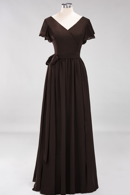BMbridal Burgundy V-Neck Long Bridesmaid Dress With Short-Sleeves-BMbridal