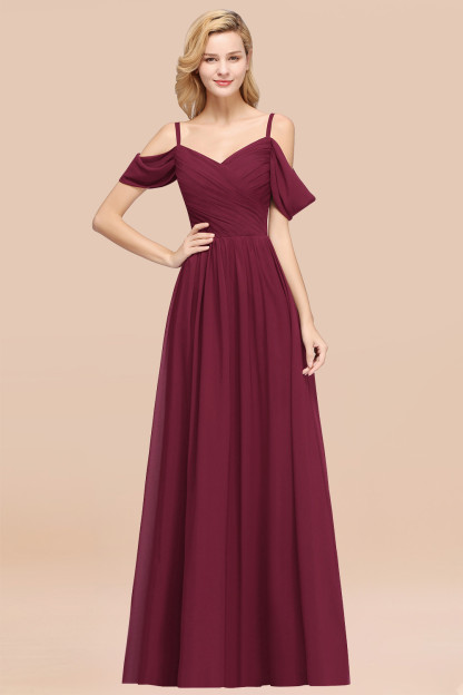 BMbridal Chic Off-the-shoulder Burgundy Bridesmaid Dress with Spaghetti Straps-BMbridal