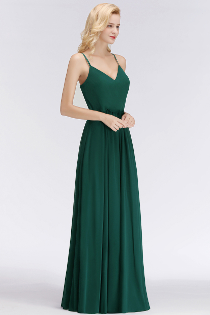 BMbridal Dark Green Chiffon Spaghetti-Straps Modest Bridesmaid Dress Online-BMbridal