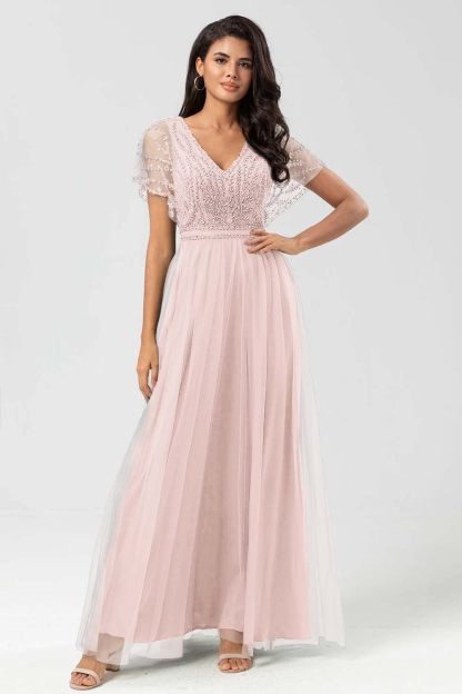 Tulle Short Sleeves V Neck A Line Long Prom Dress With Appliques