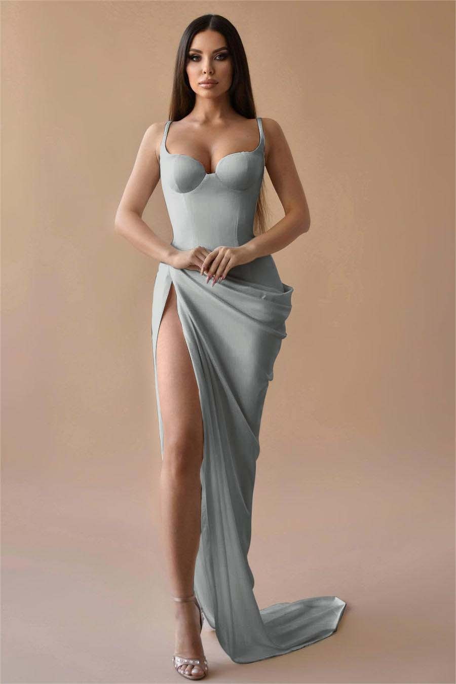 Simple White Spaghetti Strap Sleeveless Pleated Long Prom Dress With Split