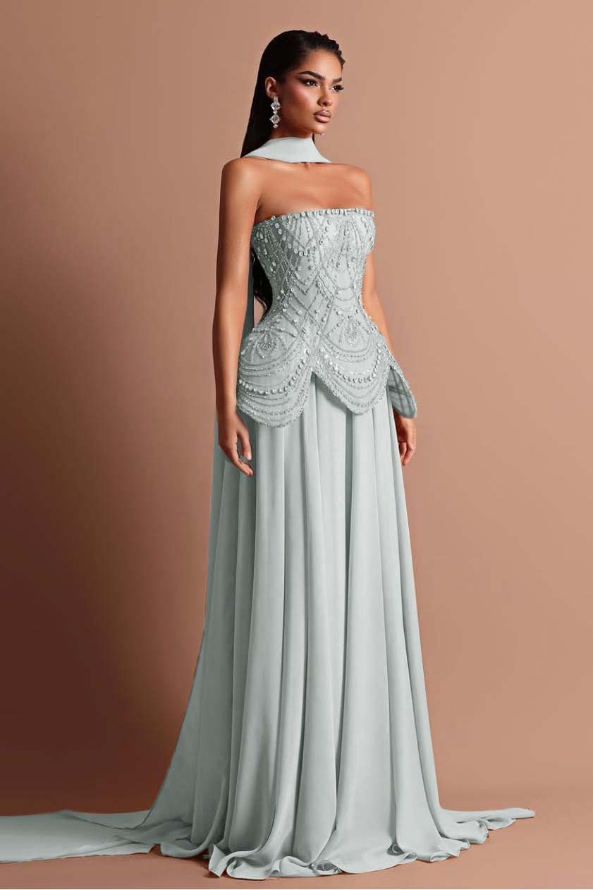 Strapless Sleeveless Long Prom Dress With Beading Pleated Wrap