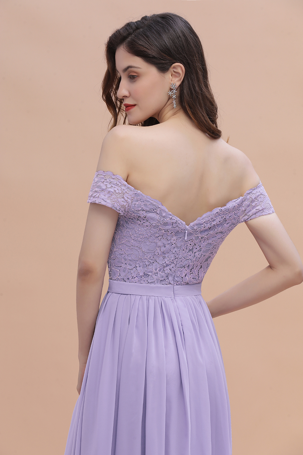 BMbridal Sexy Off-the-Shoulder Lace Chiffon Ruffles Bridesmaid Dress with Slit On Sale-BMbridal