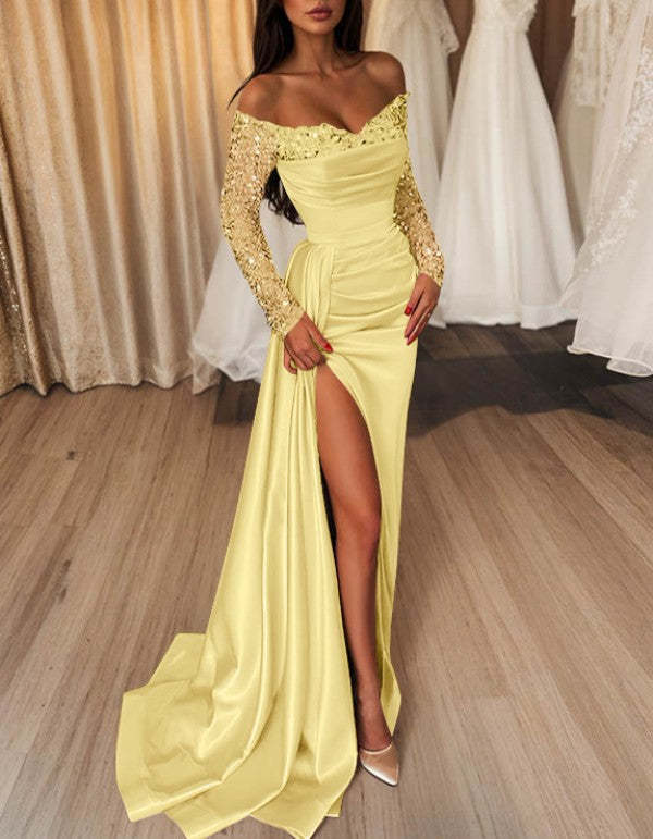 Off-the-Shoulder Floor-Length Prom Dress with Side Split and Sequins