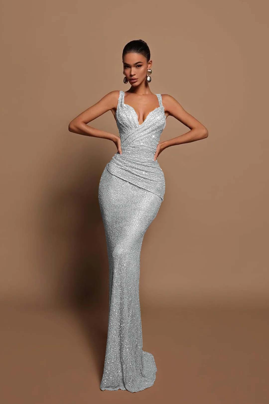 Sexy Pink Long Sequins Prom Dress V Neck Mermaid Sleeveless