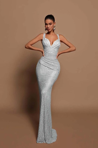 Sexy Pink Long Sequins Prom Dress V Neck Mermaid Sleeveless