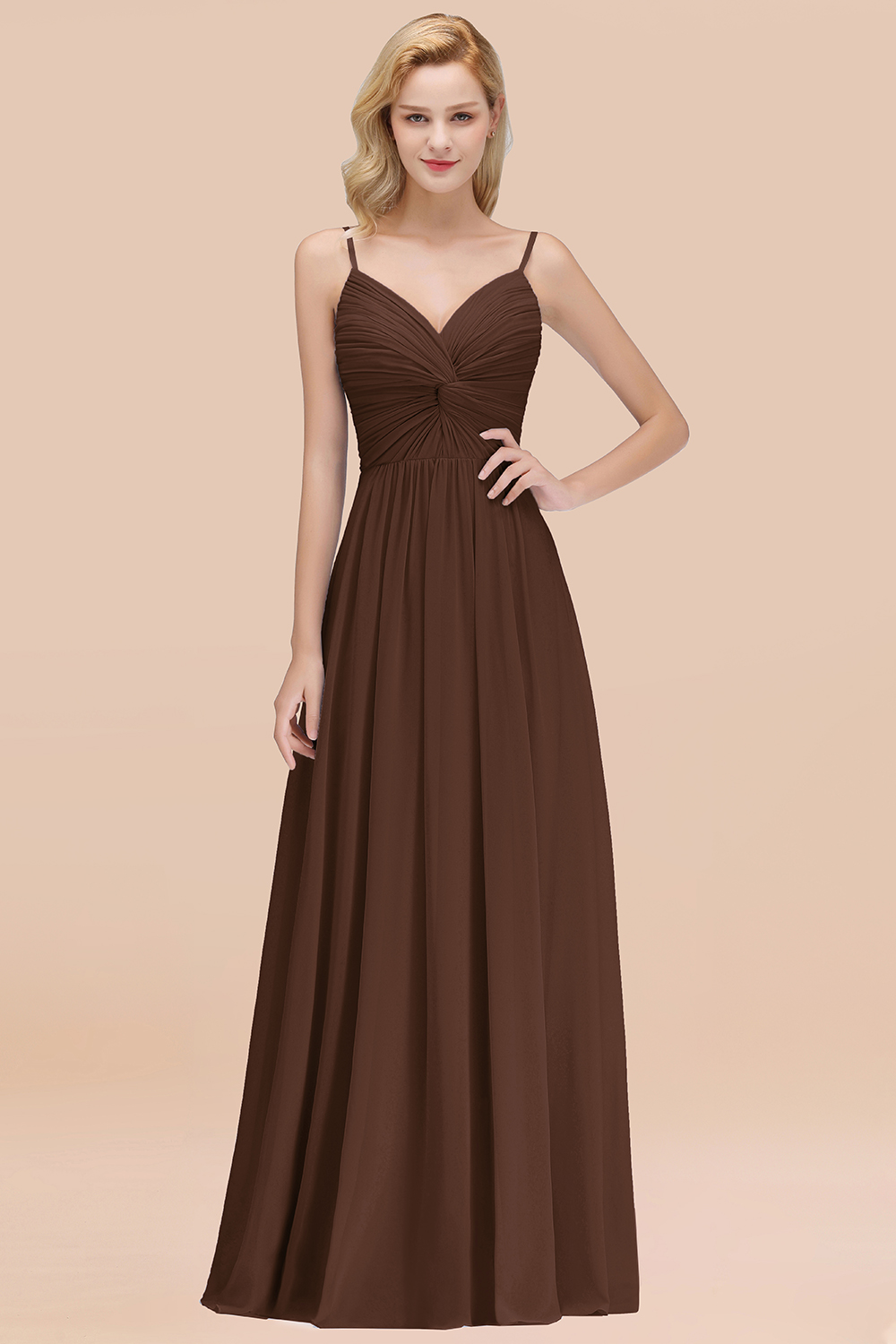 BMbridal Chic V-Neck Pleated Backless Bridesmaid Dresses with Spaghetti Straps-BMbridal