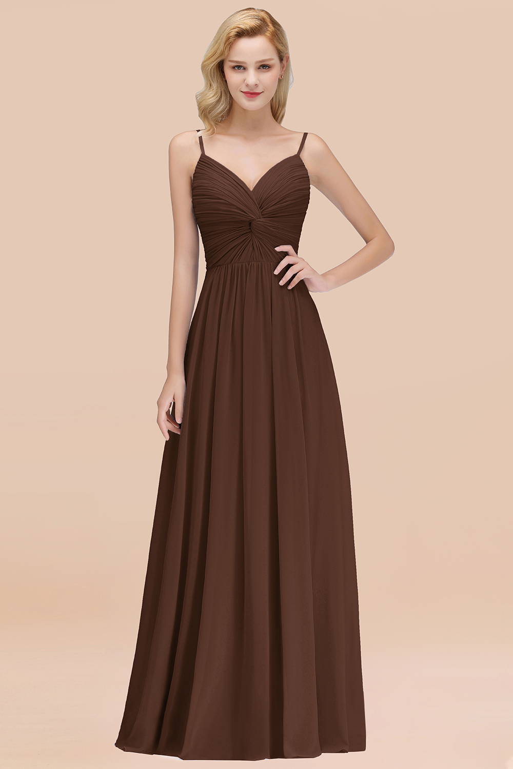 BMbridal Chic V-Neck Pleated Backless Bridesmaid Dresses with Spaghetti Straps-BMbridal