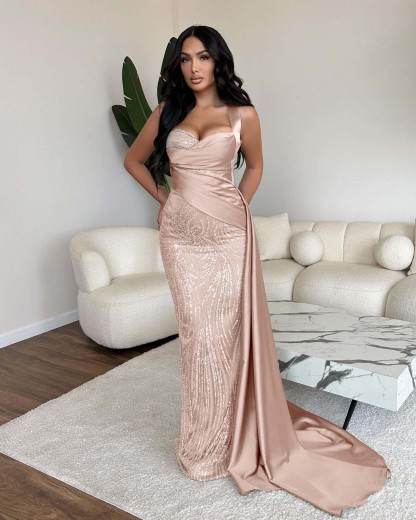 Straps Sweetheart Sleeveless Long Mermaid Prom Dress With Sequins
