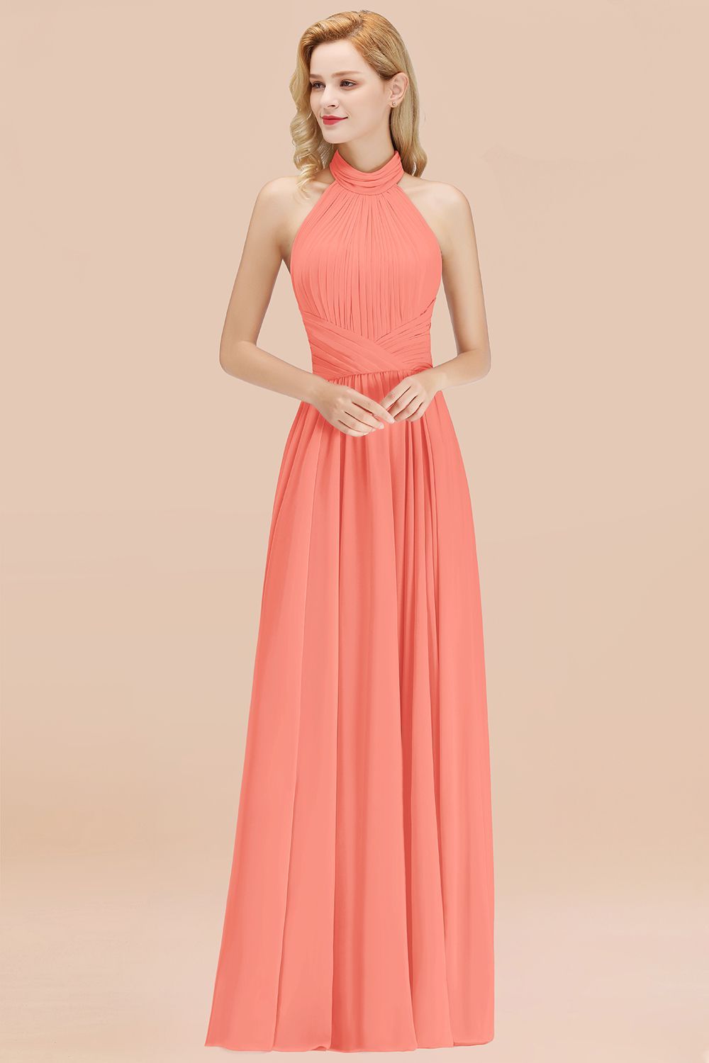 BMbridal Gorgeous High-Neck Halter Backless Bridesmaid Dress Dusty Rose Chiffon Maid of Honor Dress-BMbridal