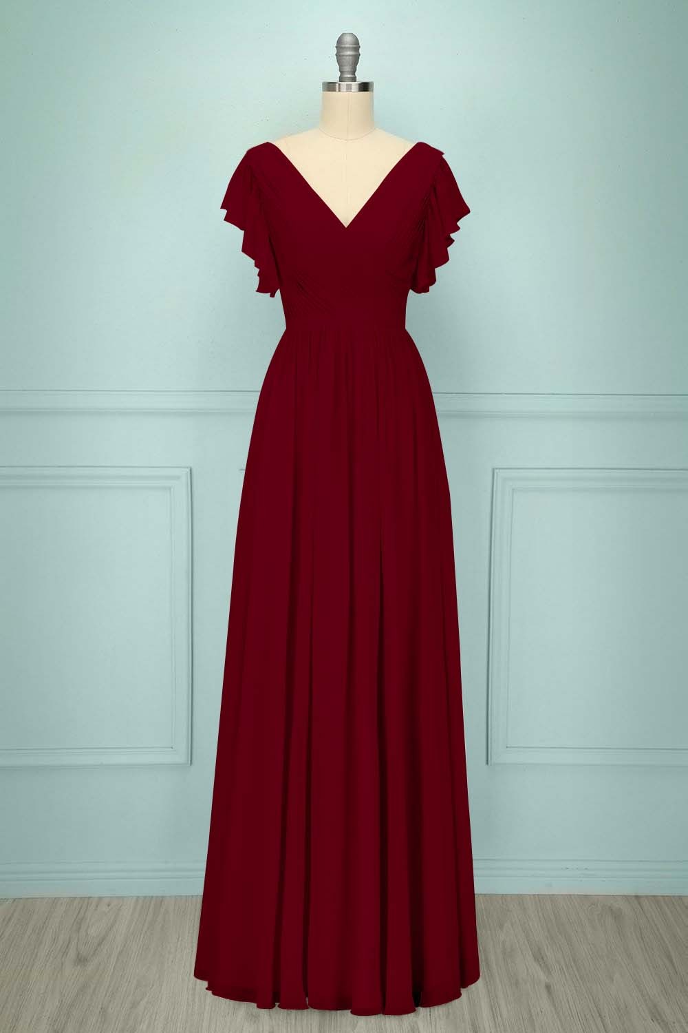 Chiffon V Neck Sleeveless Long Prom Dress With Pleated Ruffle