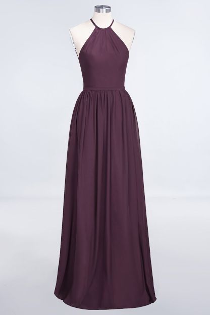 BMbridal Affordable Halter Sleeveless Long Burgundy Bridesmaid Dress with Ruffle-BMbridal