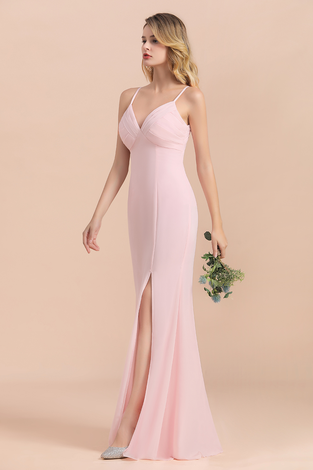 BMbridal Affordable Sheath V-Neck Blushing Pink Chiffon Bridesmaid Dress with Spaghetii Straps-BMbridal