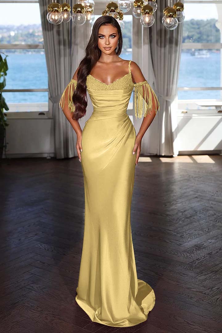 Off the Shoulder Sleeveless Mermaid Long Prom Dress With Tassel