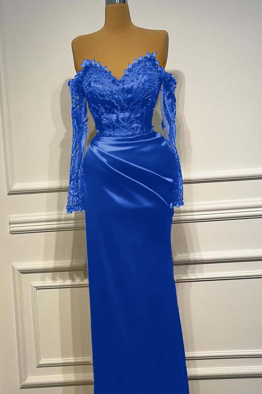 Long Sleeves Strapless Long Mermaid Prom Dress With Beading Pleated