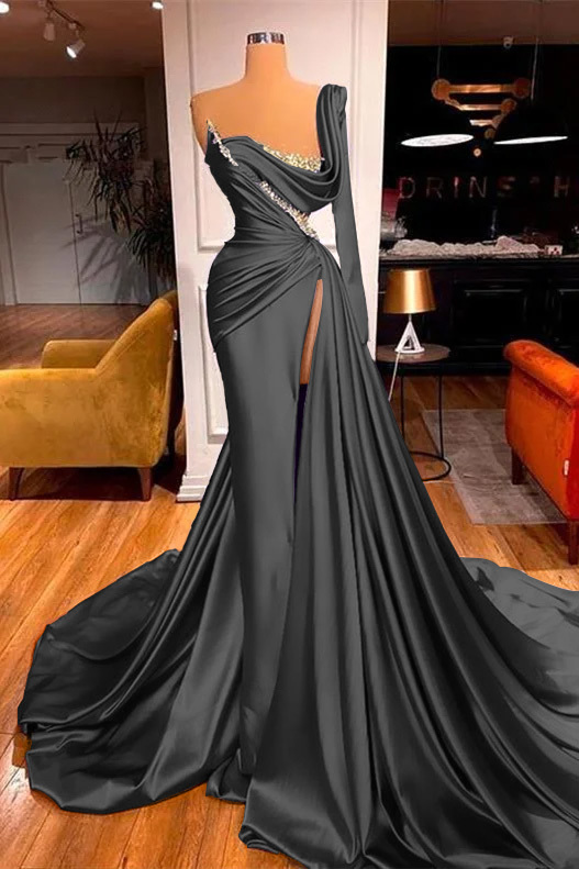 Mermaid One Shoulder Long Sleeve Pleated Prom Dress Split With Beadings