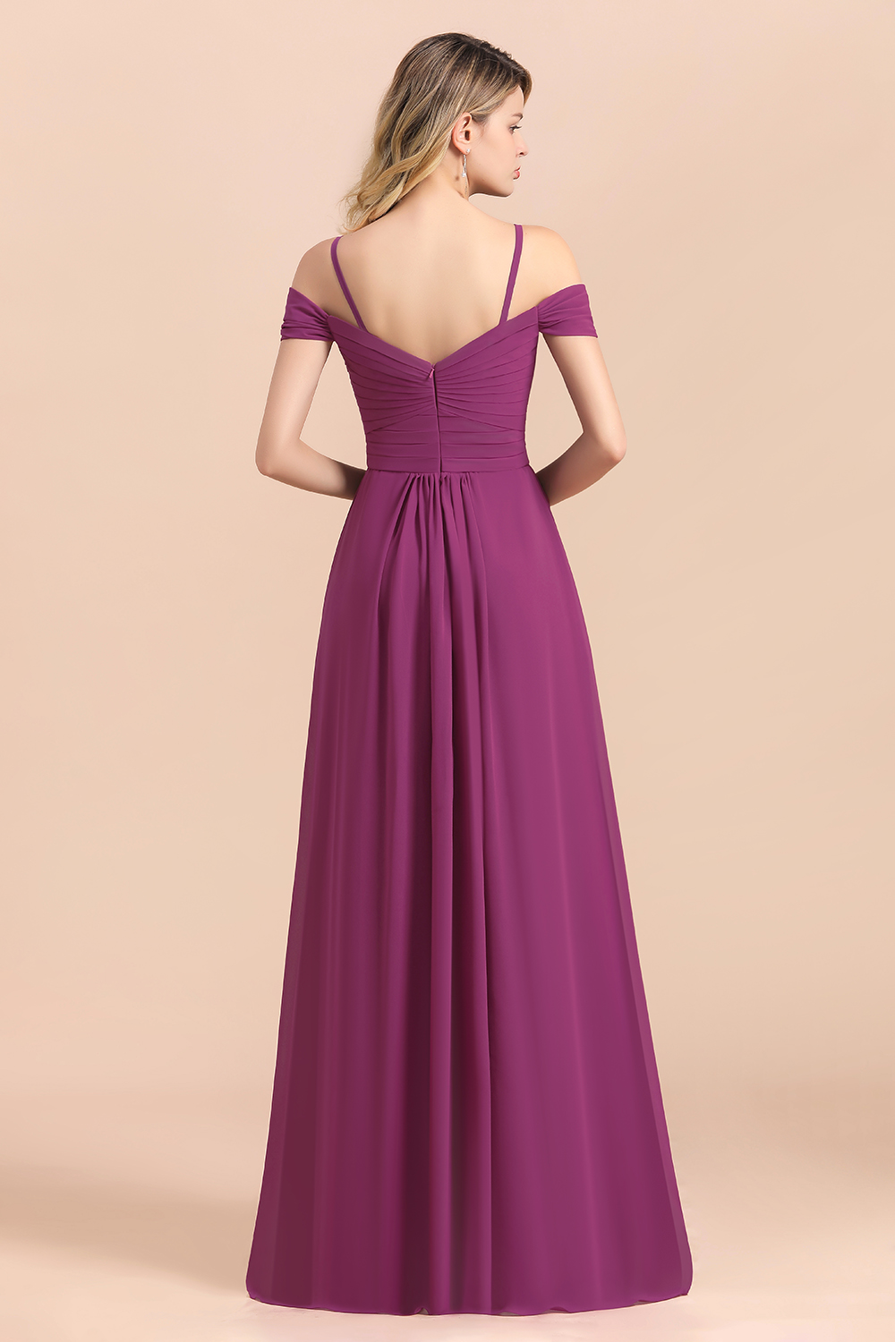 BMbridal Gorgeous Off-the-Shoulder Ruffle Orchid Bridesmaid Dress Online with Slit-BMbridal