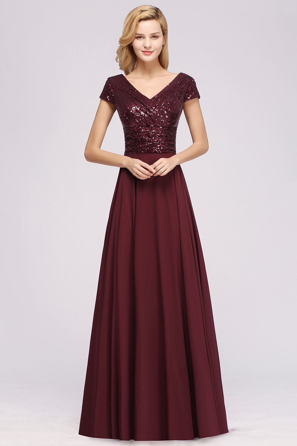 BMbridal Chic Sequined Top V-Neck Sleeveless Burgundy Bridesmaid Dresses Online-BMbridal