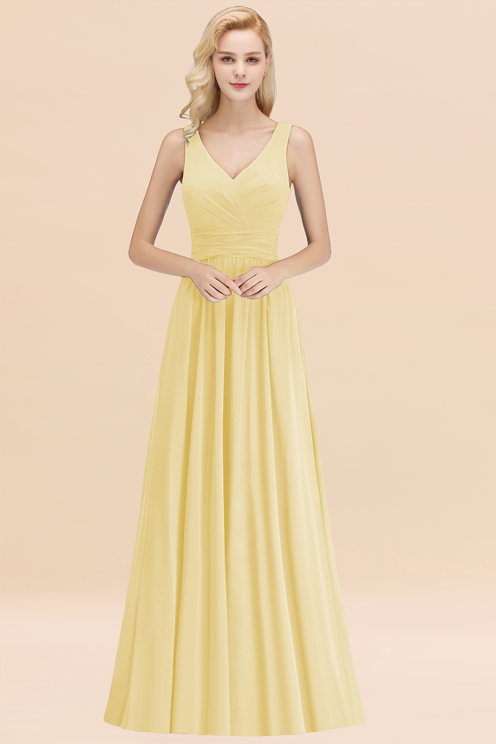 BMbridal Modest Sleeveless V-Neck Long Chiffon Bridesmaid Dress Online with Ruffle-BMbridal