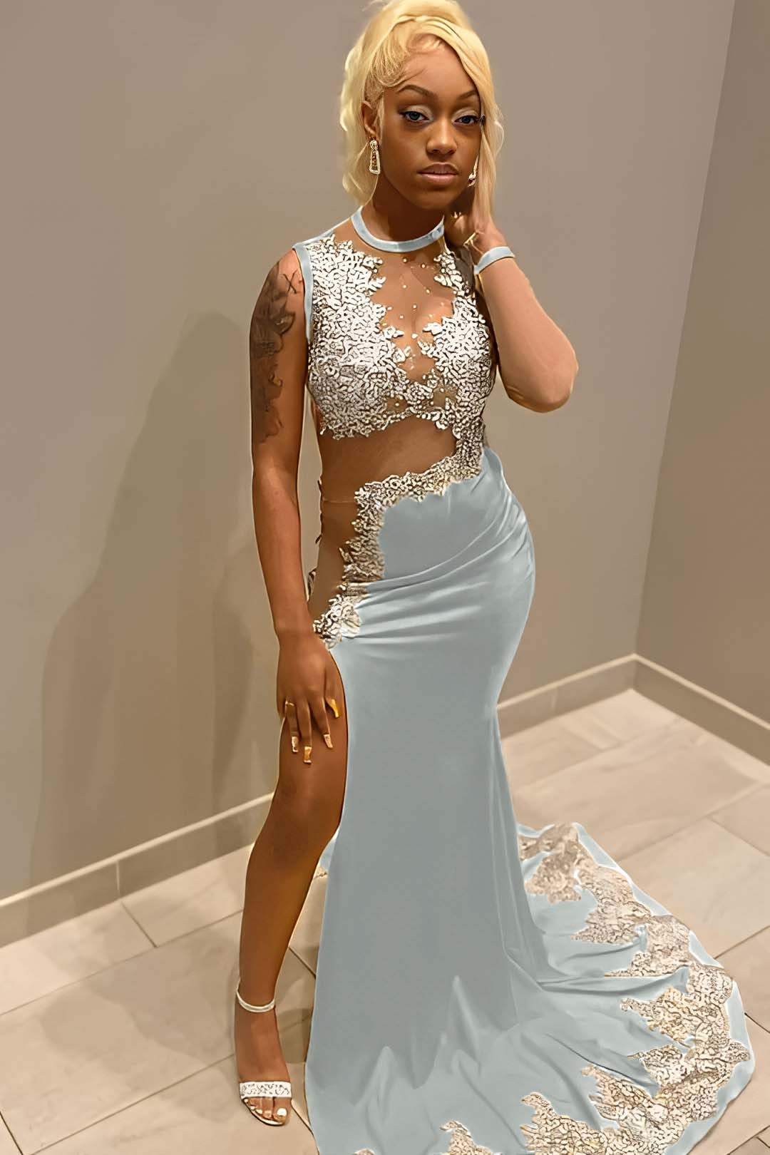 Sleeveless Jewel Neck Long Mermaid Prom Dress With Split Appliques