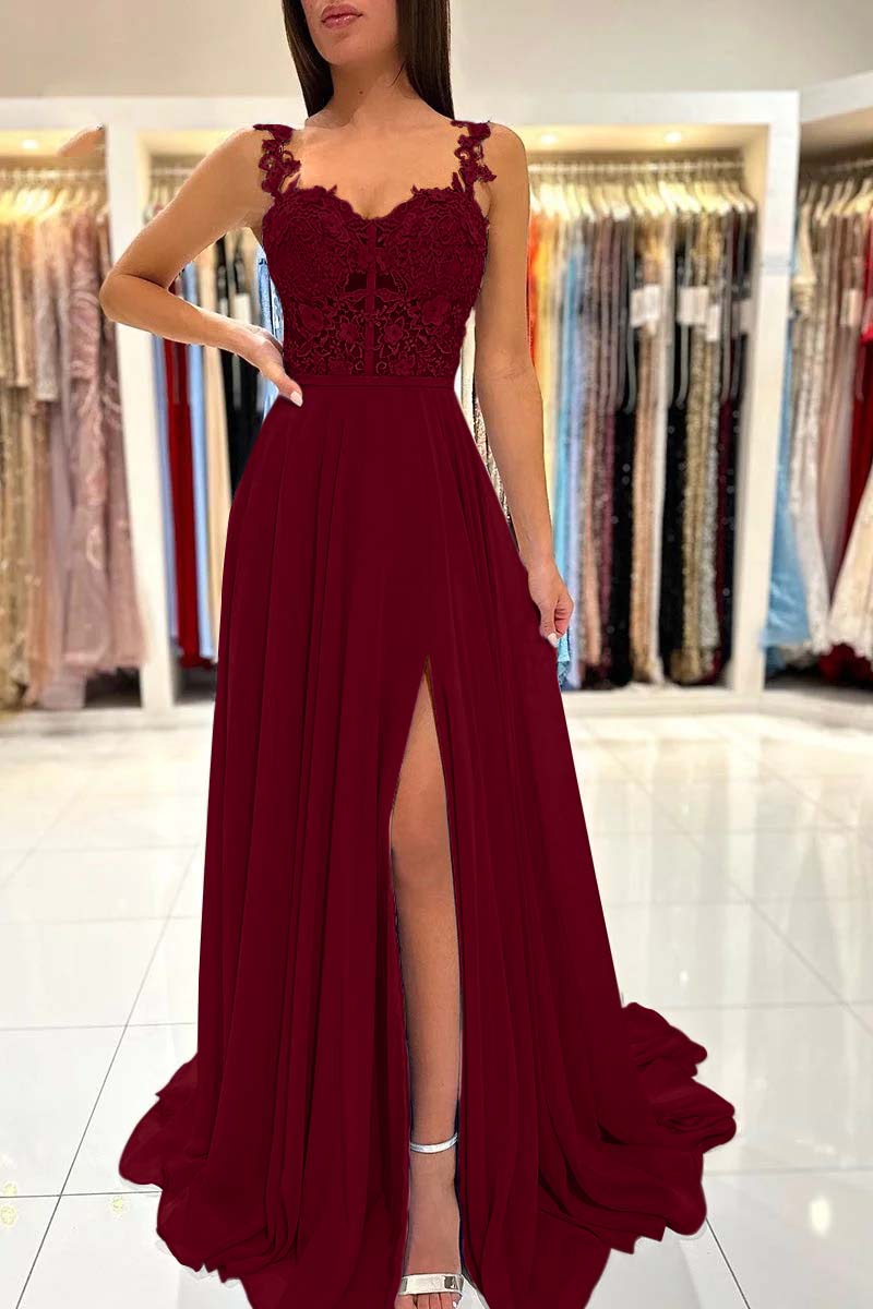 Straps Sleeveless Long A Line Split Prom Dress With Appliques