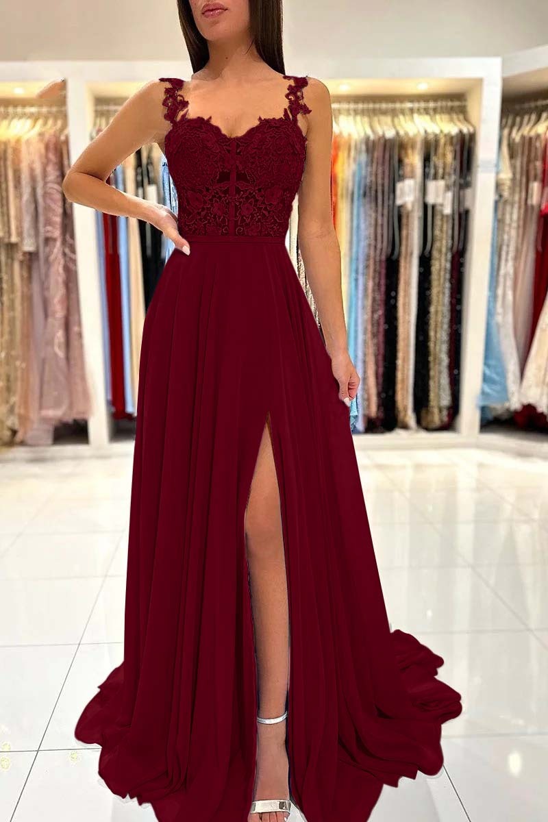 Straps Sleeveless Long A Line Split Prom Dress With Appliques