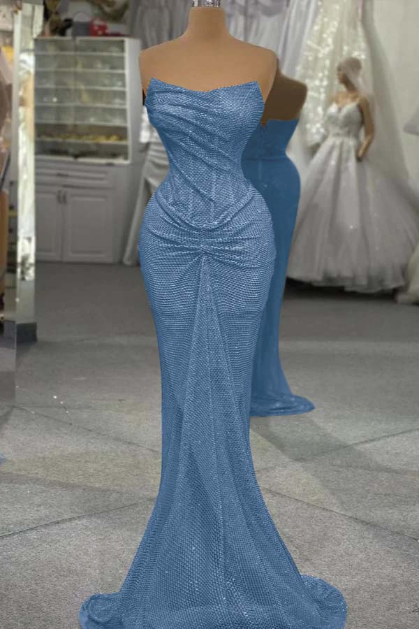 Sequin Strapless Sleeveless Long Mermaid Prom Dress With Pleated