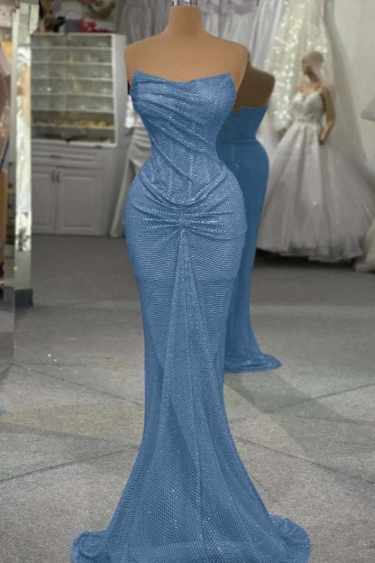 Sequin Strapless Sleeveless Long Mermaid Prom Dress With Pleated