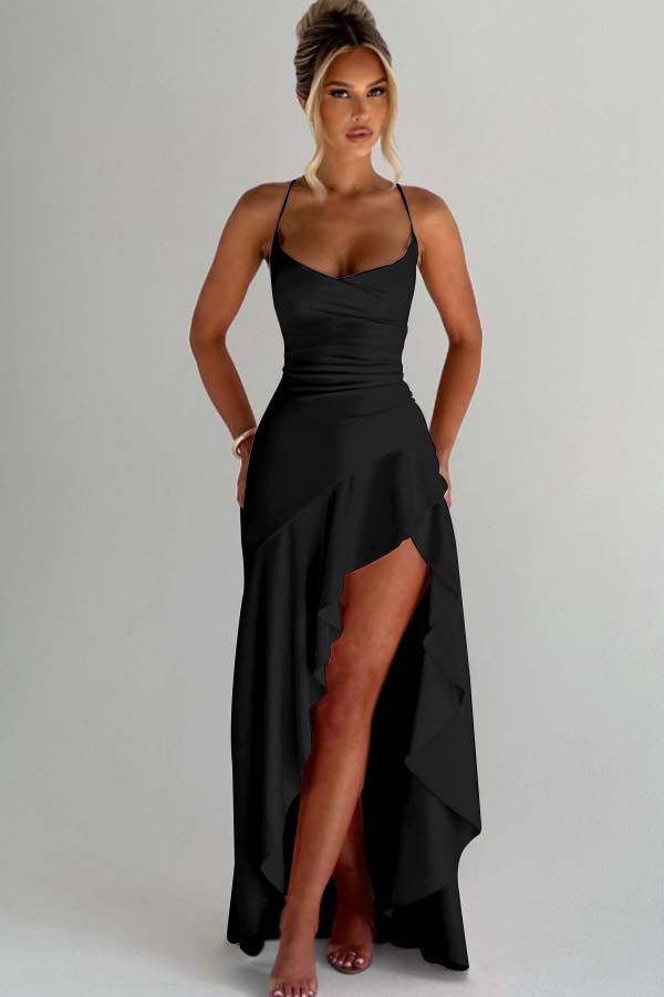Spaghetti Strap Sleeveless Long Split Prom Dress With Pleated