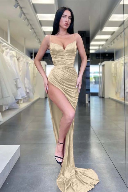 Burgundy Spaghetti Strap Sequins Sleeveless Mermaid Prom Dress With Split