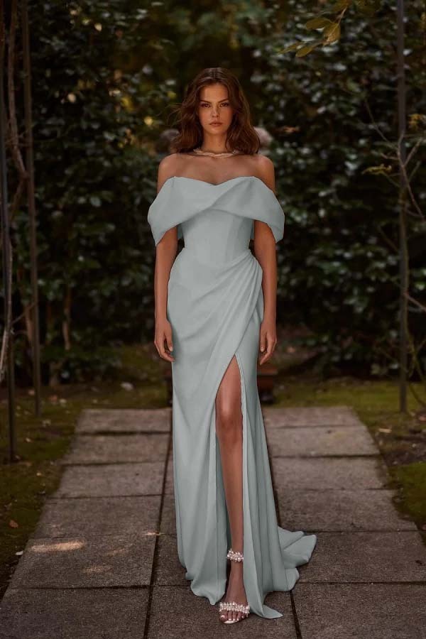 Off the Shoulder Sleeveless Long Mermaid Prom Dress With Split Pleated