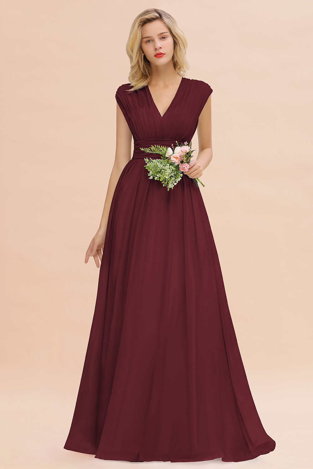 BMbridal Elegant Chiffon V-Neck Ruffle Long Bridesmaid Dresses Affordable-BMbridal