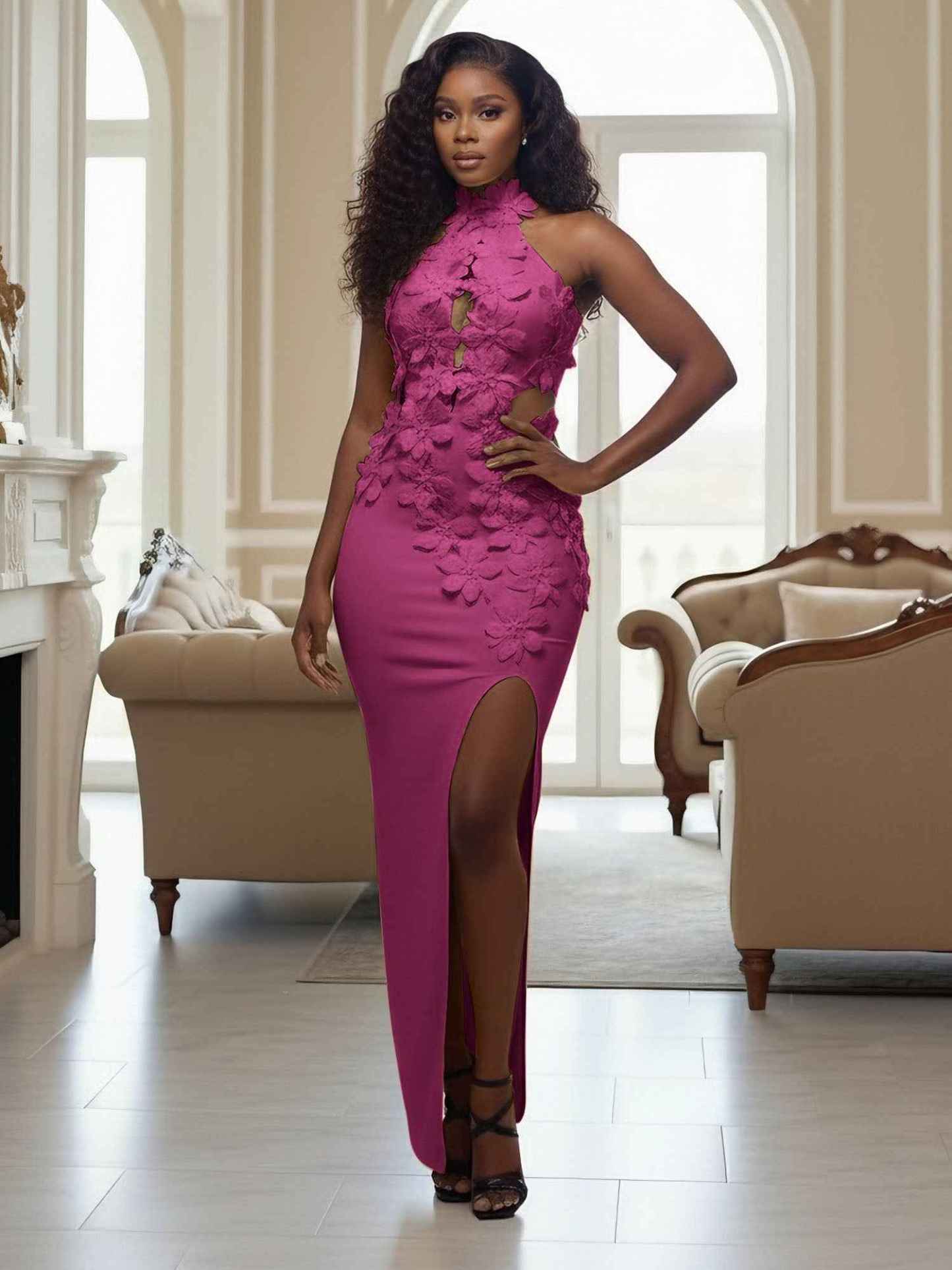 Yellow Halter Neck 3D Flower Mermaid Long Prom Dress with Slit