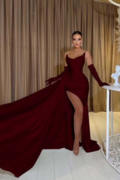 White Chiffon Strapless Sleeveless Split Mermaid Long Prom Dress With Gloves