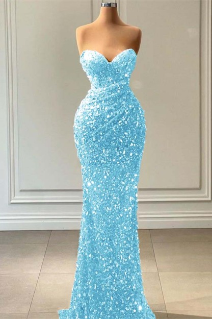 Blue Sleeveless Mermaid Sequins Prom Dress Sweetheart With Pleated