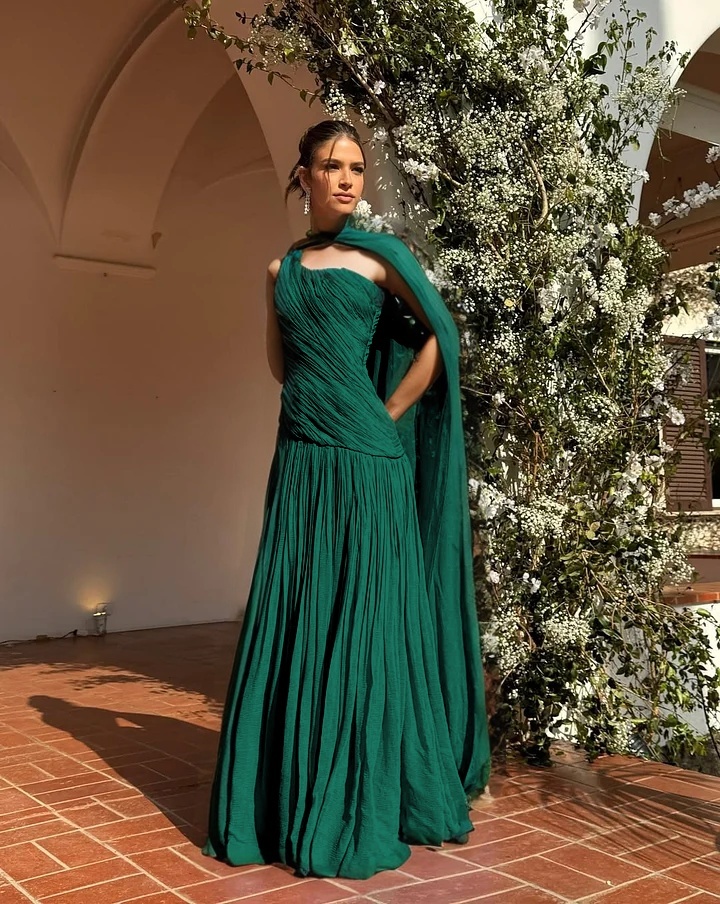 Chic One Shoulder Sleeveless Long Prom Dress With Pleated Shawl