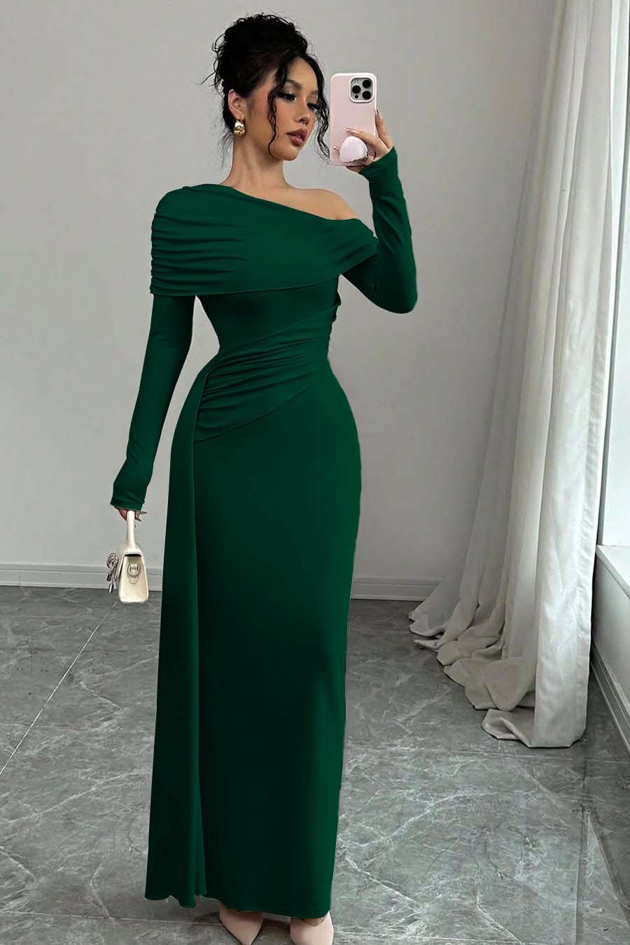 Off the Shoulder Long Sleeves Long Mermaid Prom Dress With Ruffles