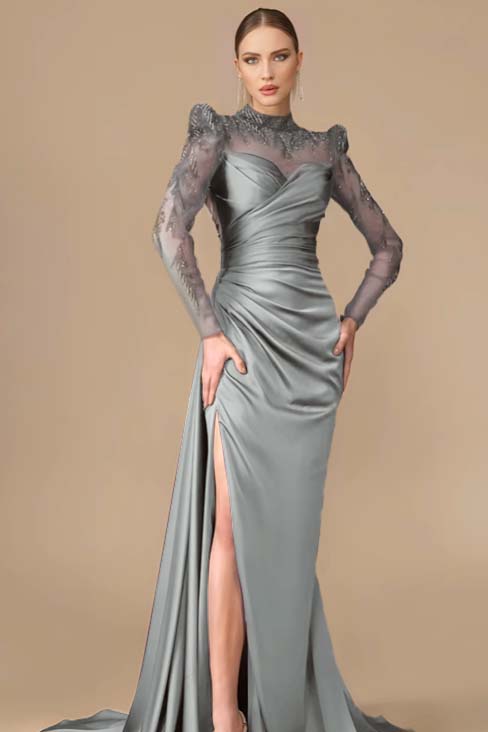 Long Sleeves Long Mermaid Prom Dress With Split Pleated Appliques